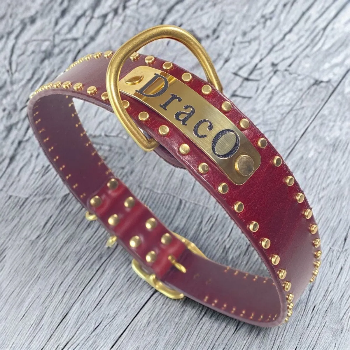 Personalized Leather Dog Collar with Nameplate 1.5" Studding