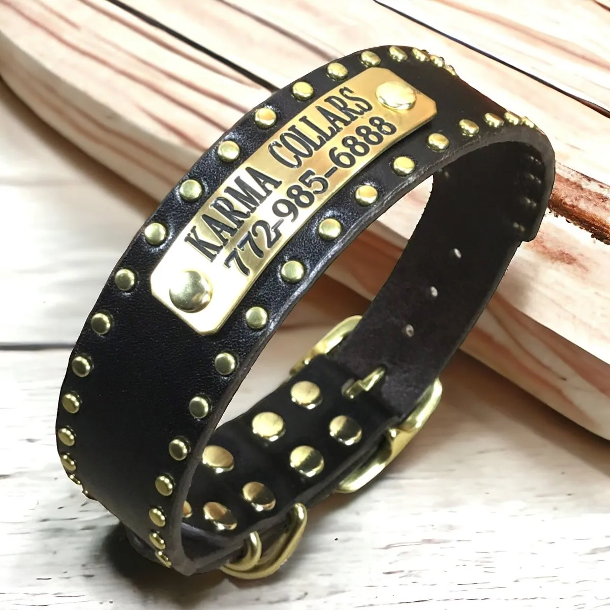 Personalized Leather Dog Collar with Nameplate 1.5" Studding