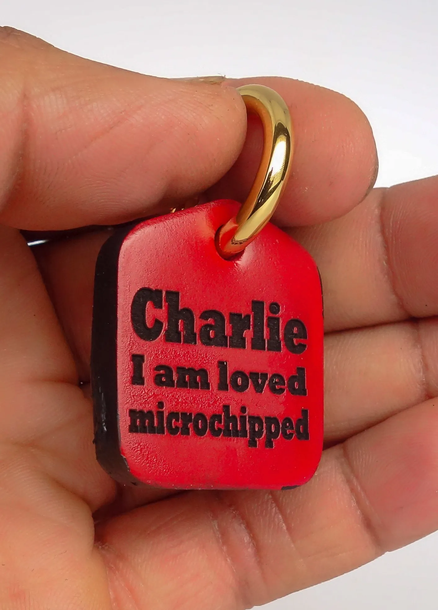Personalized Pet ID Tag Engraved for Dog Collars in Leather Red 1.25" x 1.5"
