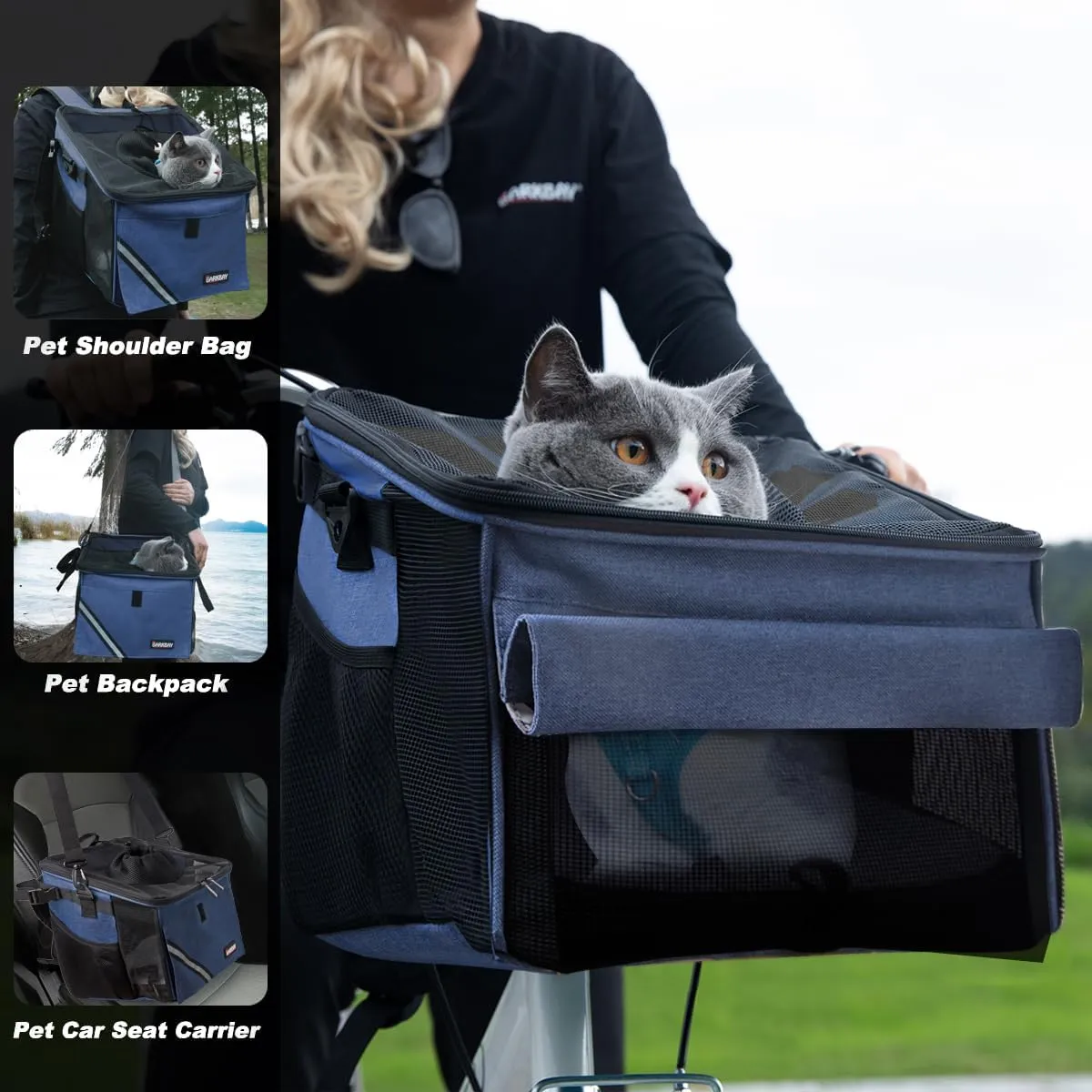 Pet Carrier Bicycle Basket Bag Pet Carrier/Booster Backpack for Dogs and Cats with Big Side Pockets,Comfy & Padded Shoulder Strap,Travel with Your Pet SafetyClassic Blue