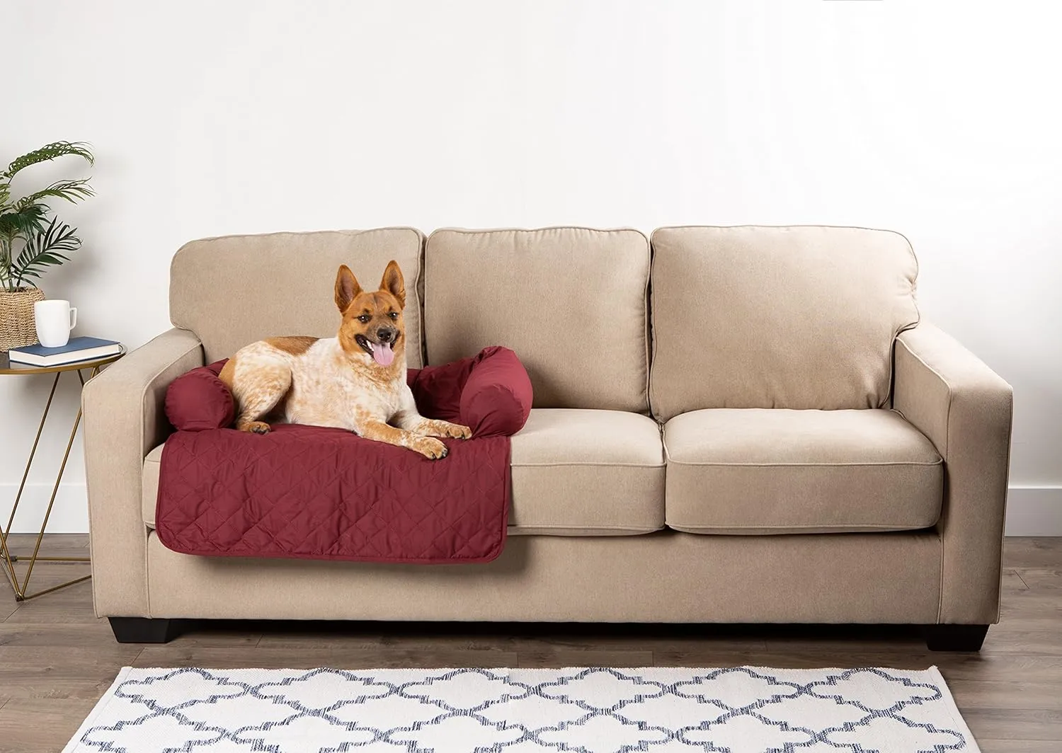 Pet Furniture Protector Non-Slip Water-Resistant Cover for Dogs and Cats with 3-Sided Bolster Soft Fabric - Medium, Cranberry