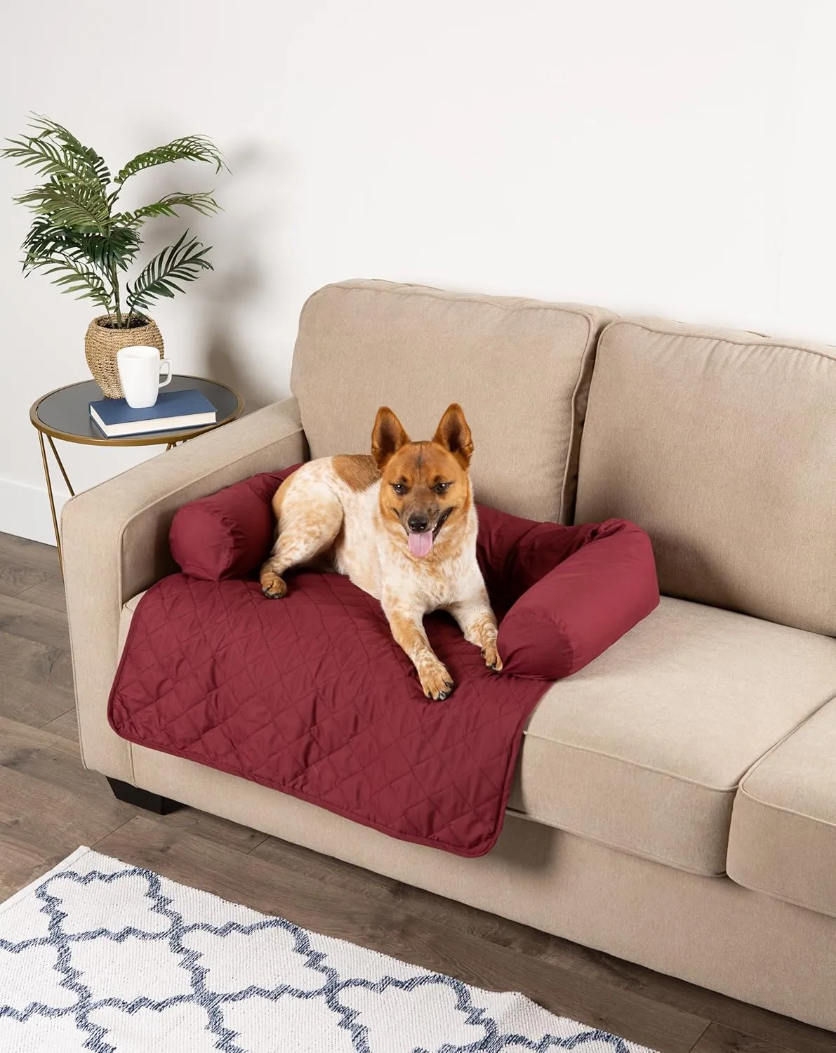 Pet Furniture Protector Non-Slip Water-Resistant Cover for Dogs and Cats with 3-Sided Bolster Soft Fabric - Medium, Cranberry