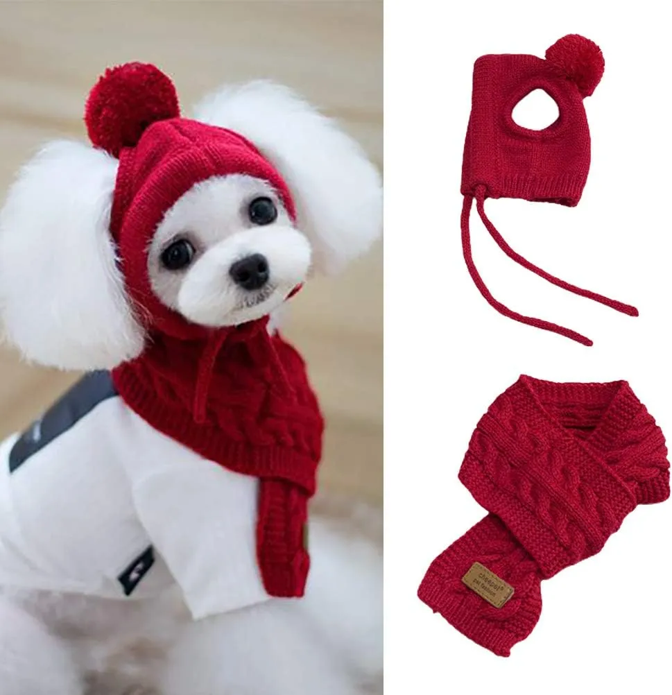 Pet woolen hat and scarf two piece set Winter Warm Knitted Pet Hat Scarf Set Dogs Hats Funny Cosplay Pet Dog for Puppy Accessories for autumn and winter (Red #07)