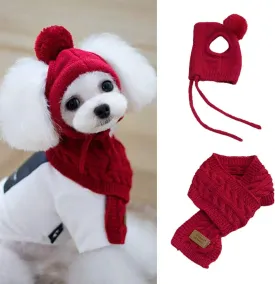 Pet woolen hat and scarf two piece set Winter Warm Knitted Pet Hat Scarf Set Dogs Hats Funny Cosplay Pet Dog for Puppy Accessories for autumn and winter (Red #07)