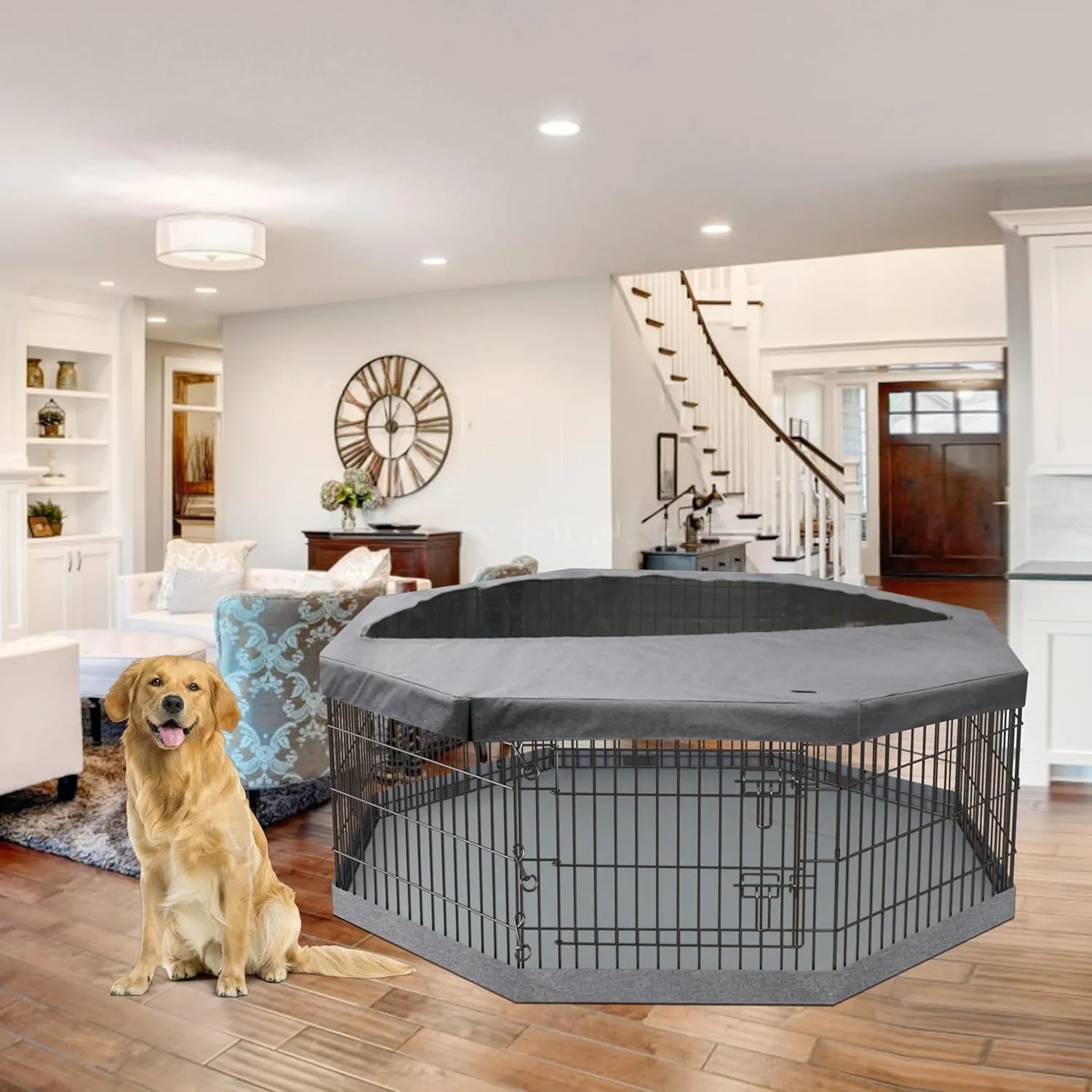 PETIME Foldable Metal Dog Exercise Pen/Pet Puppy Playpen Kennels Yard Fence Indoor/Outdoor 8 Panel 24" W with Top Cover and Bottom Pad (Playpen Bottom Top Cover, 8 Panels 30" H)