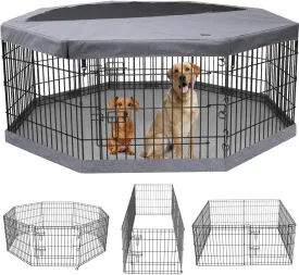 PETIME Foldable Metal Dog Exercise Pen/Pet Puppy Playpen Kennels Yard Fence Indoor/Outdoor 8 Panel 24" W with Top Cover and Bottom Pad (Playpen Bottom Top Cover, 8 Panels 30" H)