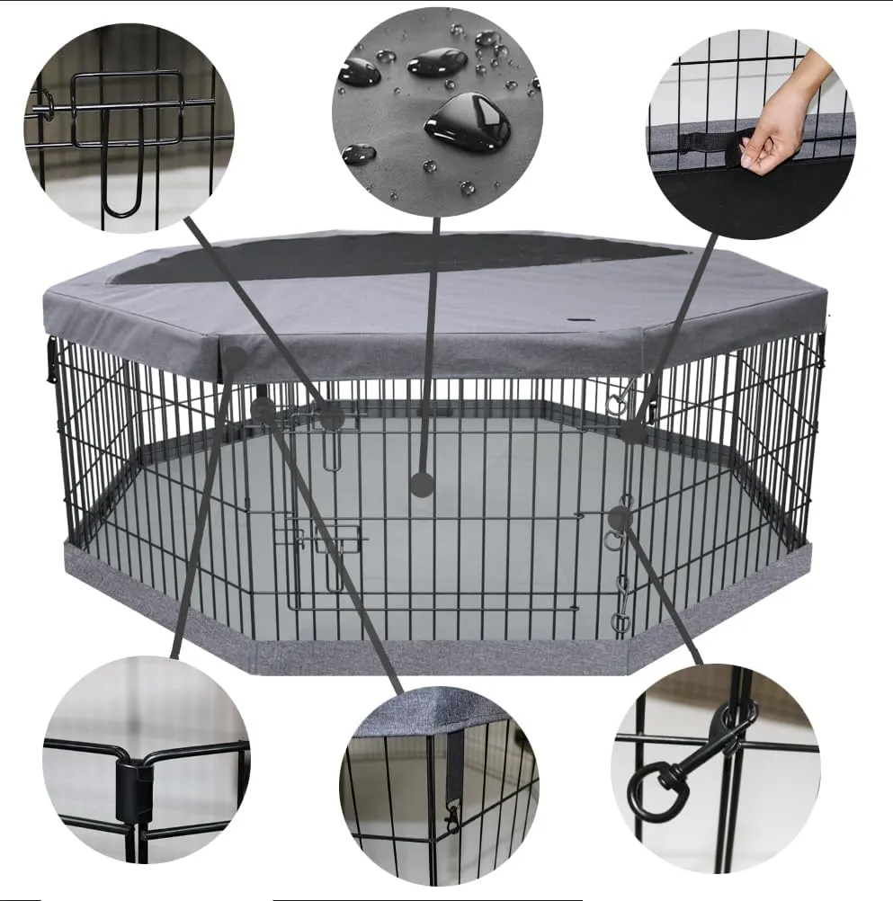 PETIME Foldable Metal Dog Exercise Pen/Pet Puppy Playpen Kennels Yard Fence Indoor/Outdoor 8 Panel 24" W with Top Cover and Bottom Pad (Playpen Bottom Top Cover, 8 Panels 30" H)