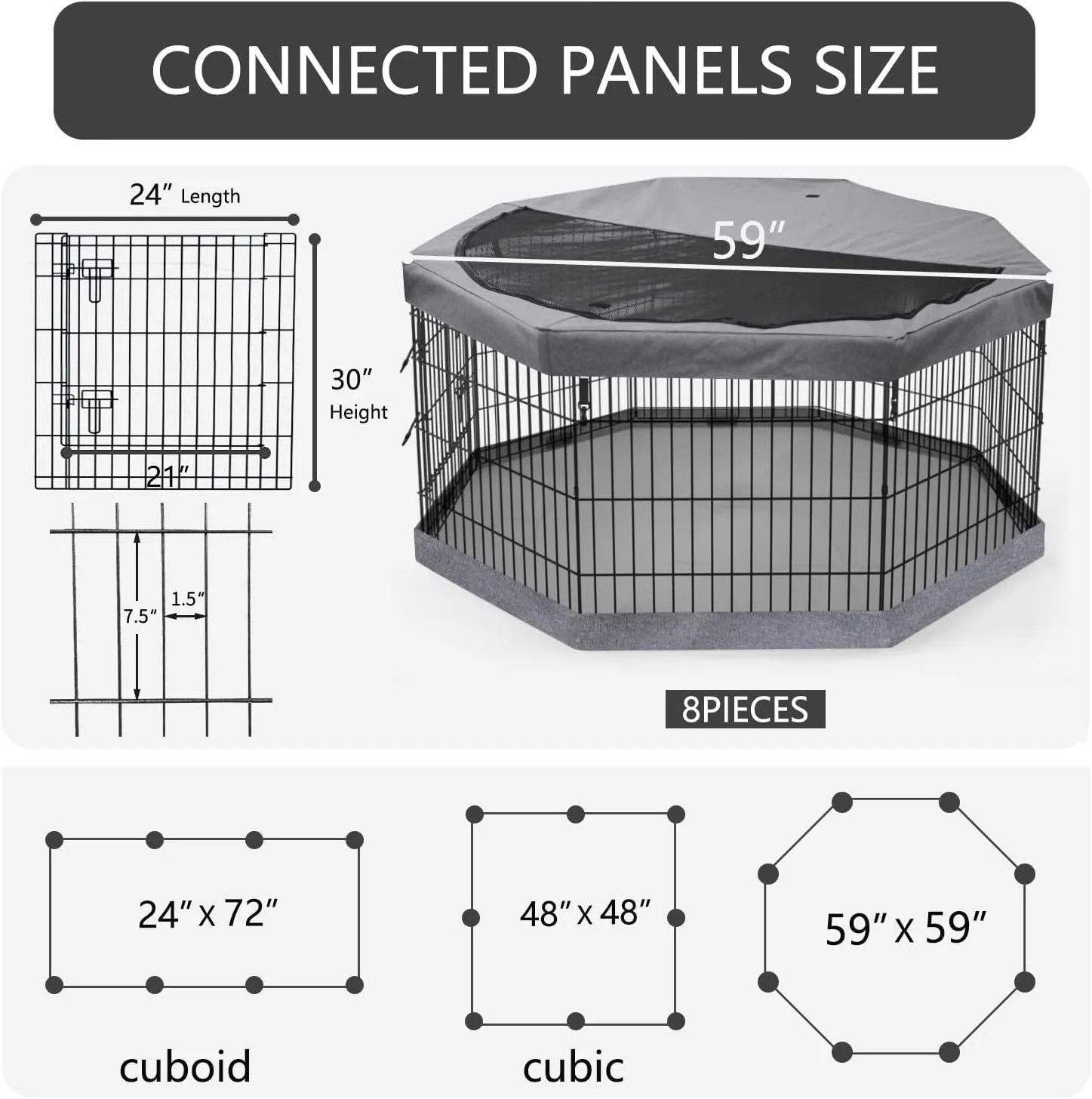 PETIME Foldable Metal Dog Exercise Pen/Pet Puppy Playpen Kennels Yard Fence Indoor/Outdoor 8 Panel 24" W with Top Cover and Bottom Pad (Playpen Bottom Top Cover, 8 Panels 30" H)