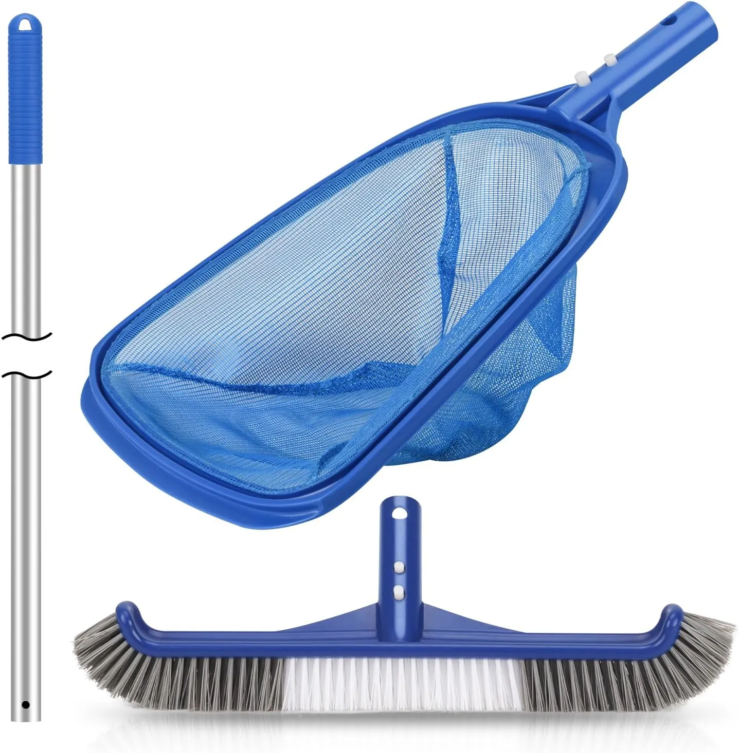 Pool Cleaning Kit, 18'' Pool Brush Head & Pool Skimmer Net with 60" Pole, Pool Net Skimmer & Pool Brush with Pole, Pool Net & Pool Brushes for Cleaning Pool Walls with Pole