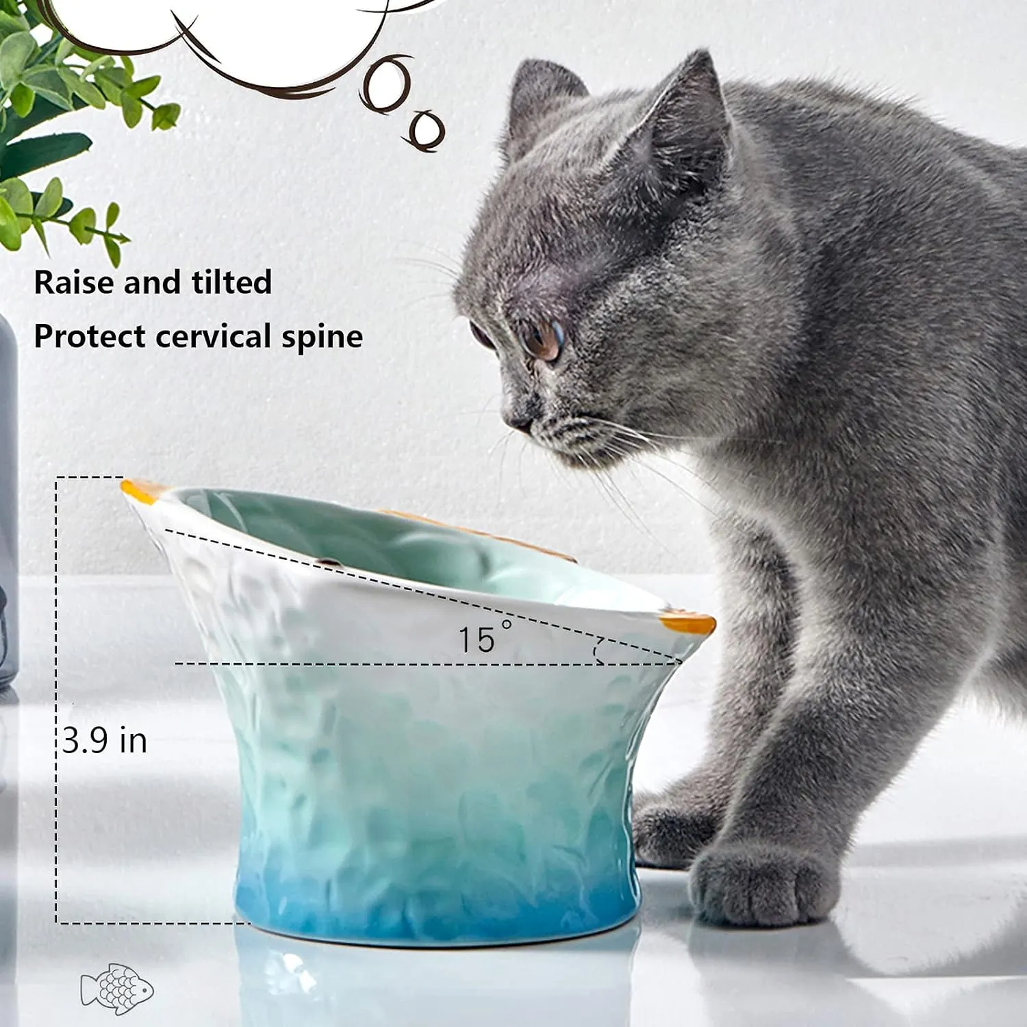 Raised Tilted Ceramic Cat Food Bowl - Cute Fish Shape Elevated Slanted Shallow Angled Cat Dish - Personalized Pet Feeder for Kitty Dry Wet Treats Feeding - Ergonomic Anti Vomiting Whisker Friendly
