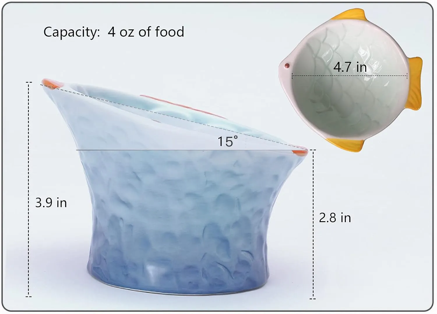 Raised Tilted Ceramic Cat Food Bowl - Cute Fish Shape Elevated Slanted Shallow Angled Cat Dish - Personalized Pet Feeder for Kitty Dry Wet Treats Feeding - Ergonomic Anti Vomiting Whisker Friendly