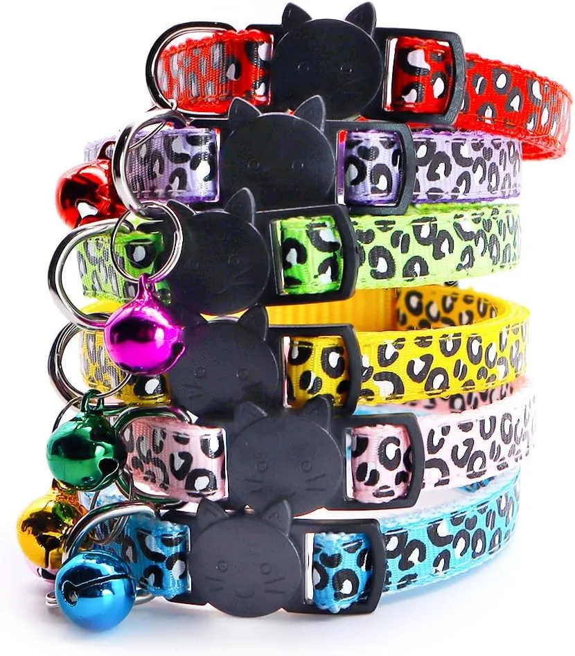 Reflective 2 Pack Breakaway Cat Collars with Bell Leopard Pattern Cute Kitty Adjustable 7.5-12.5 Inch Safe Kitten Collars Charms (Purple)