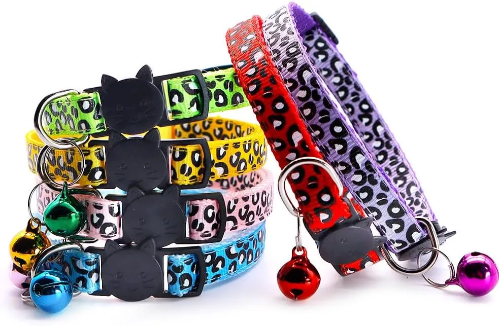 Reflective 2 Pack Breakaway Cat Collars with Bell Leopard Pattern Cute Kitty Adjustable 7.5-12.5 Inch Safe Kitten Collars Charms (Purple)