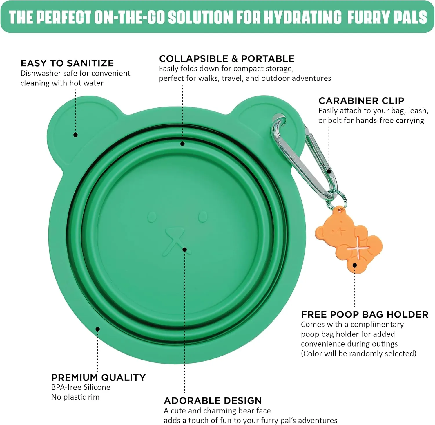 Silicone Collapsible Travel Bowl with Free Poop Bag Holder  Lightweight, Portable, Multipurpose for Pets, Dishwasher & Microwave Safe (Green, Medium)
