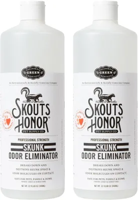 Skout's Honor Skunk Odor Eliminator for Pets, Indoor, and Outdoor Surfaces  Eliminate Skunk Spray Odor, Eco-Friendly, Cruelty-Free Solution for Pets and Surfaces, 32 oz, 2-Pack