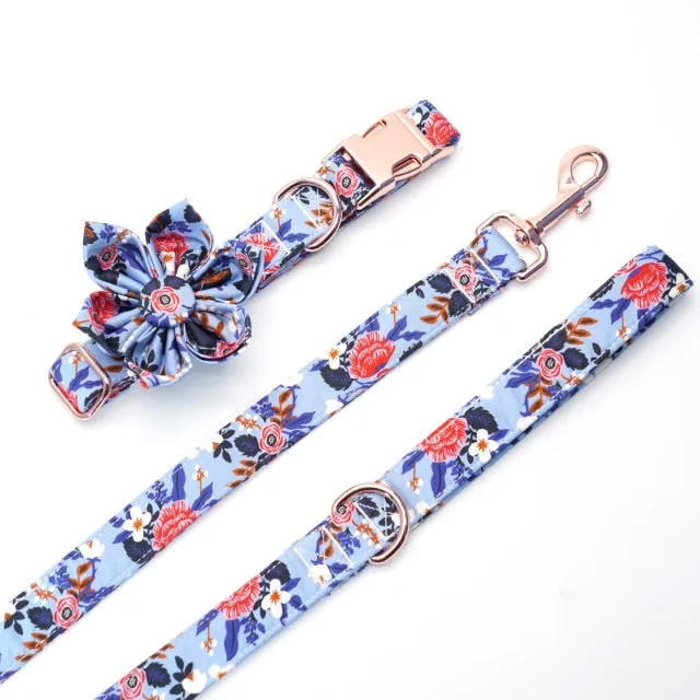Spring Floral Blue Flower Collar and Leash Set | Personalized