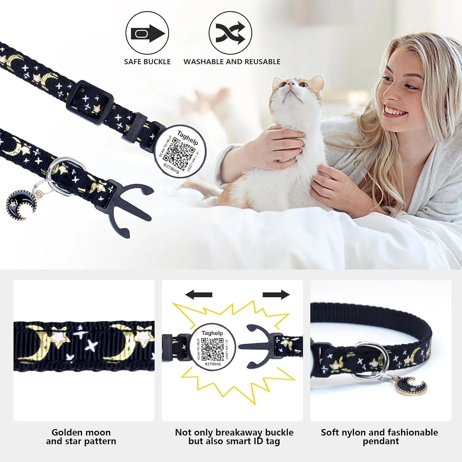 Stars and Moon, Solid & Safe Safety Plaid Kitten Collars with QR ID Tag for Girl Boy for Cats, Pet Collar, Breakaway Cat Collar,Silent, Lightweight, and Durable QR Code Pet ID Tags Cat Tags (Pink)