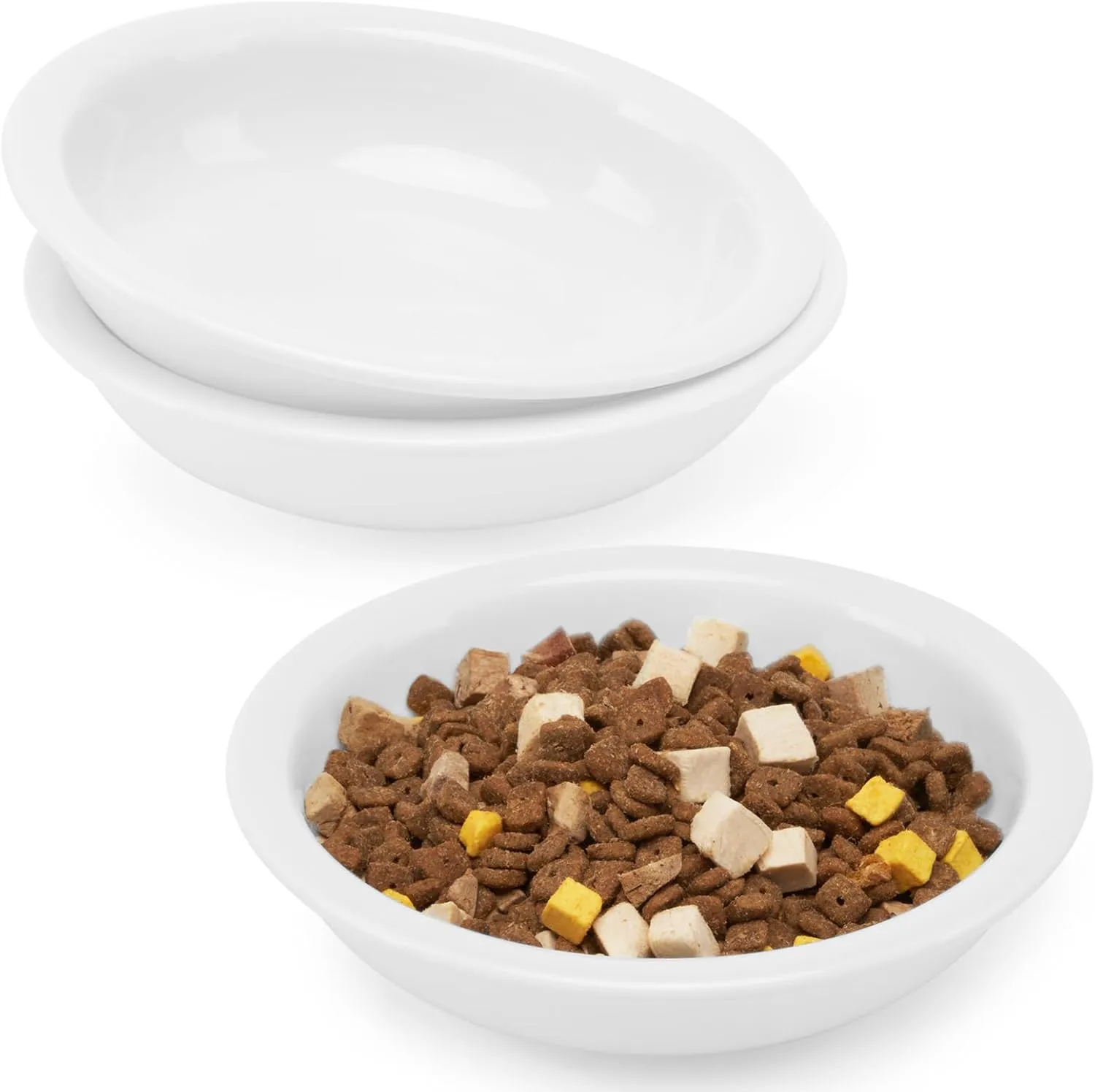 Thicker Ceramic Cat Food and Water Bowls 3 PCS, Whisker Stress Free Cat Dishes, Relieves Fatigue, Shallow Pet Food Dish for Cats Puppy, White