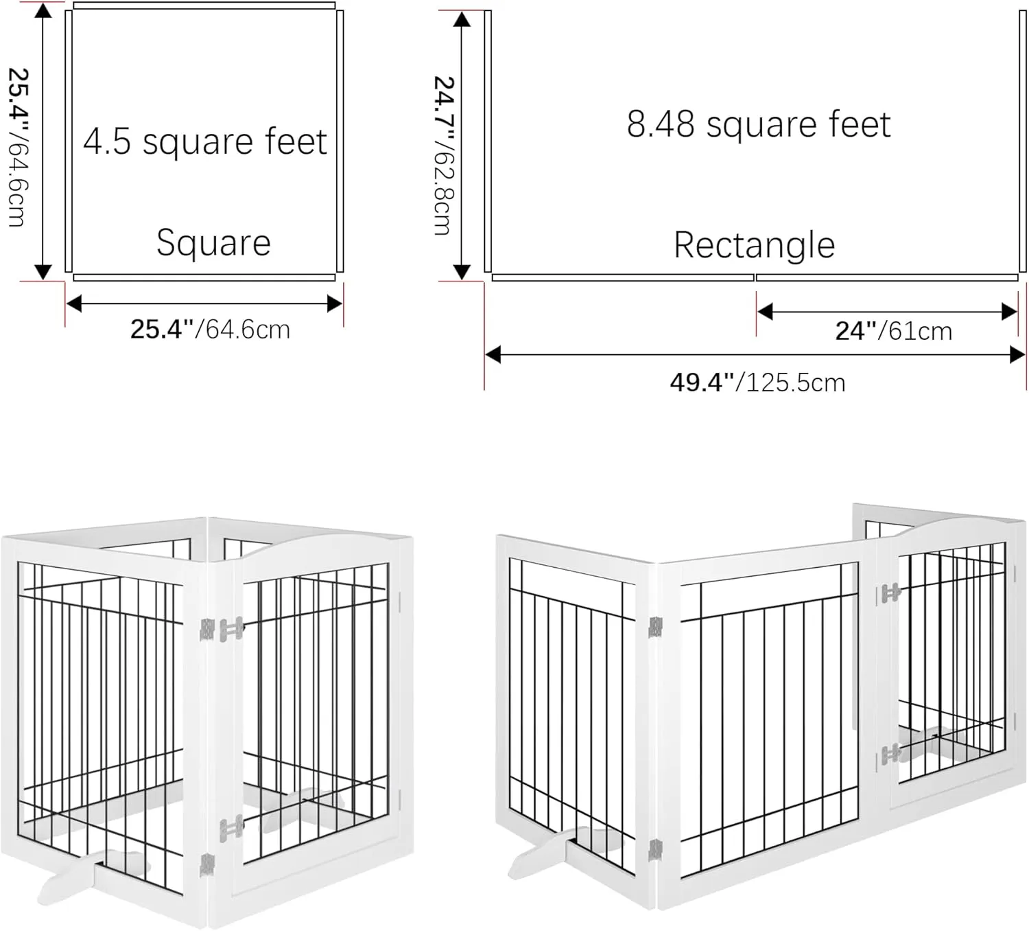 Vantas Folding Pet Gate 96" Wide, 30" Tall No-Assembly Wooden Dog Gate with Door Walk Through, Freestanding Wire Pet Gate, Pet Puppy Safety Fence, with 2PCS Support - White