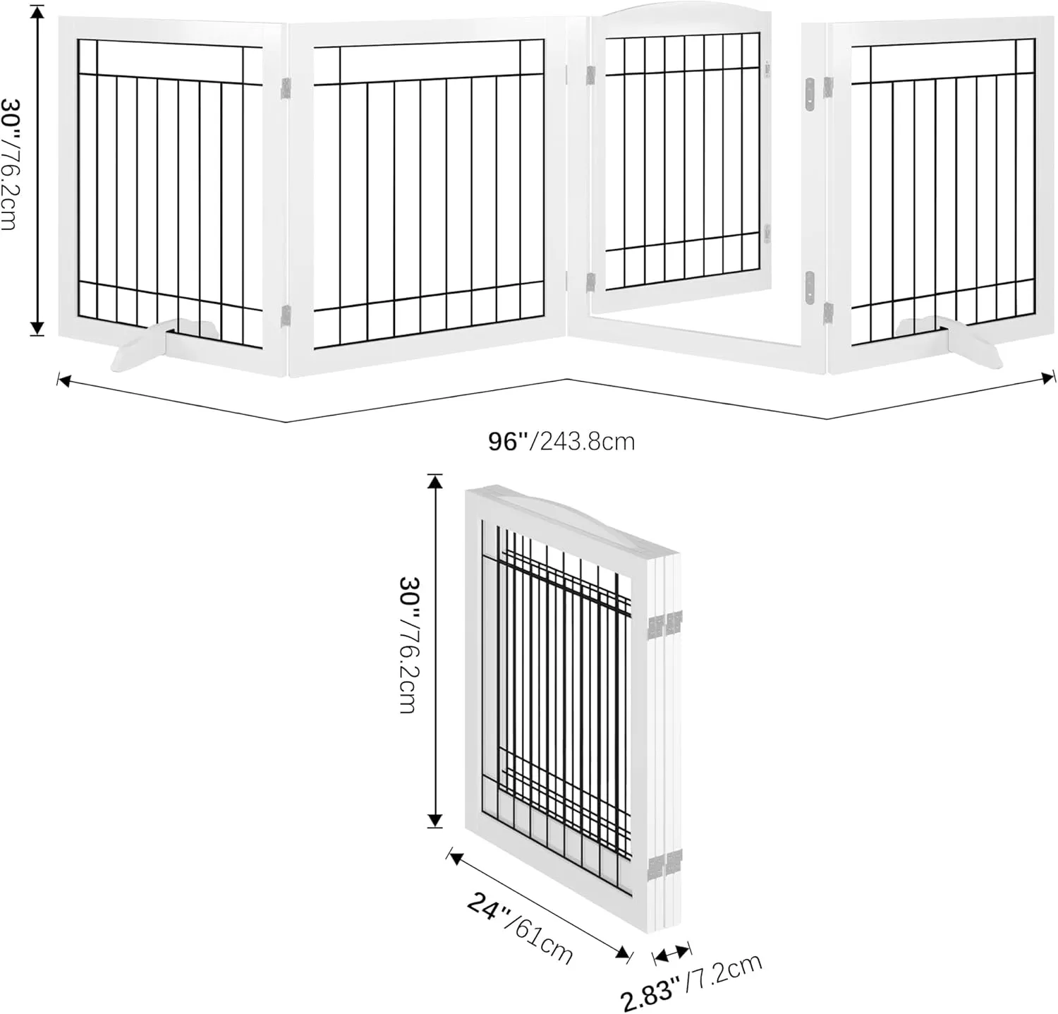 Vantas Folding Pet Gate 96" Wide, 30" Tall No-Assembly Wooden Dog Gate with Door Walk Through, Freestanding Wire Pet Gate, Pet Puppy Safety Fence, with 2PCS Support - White