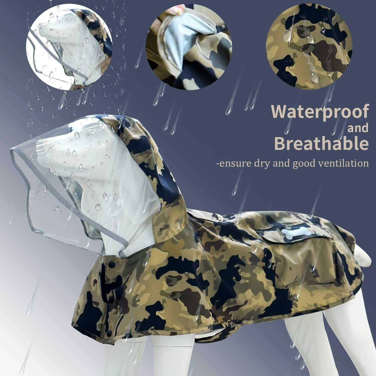 Waterproof Dog Raincoat, Adjustable Reflective Lightweight Pet Rain Clothes with Poncho Hood(XX-Large,Camo)