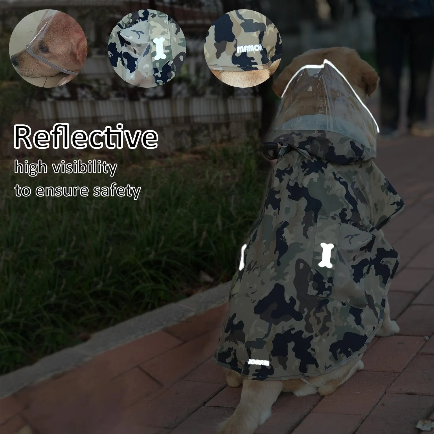 Waterproof Dog Raincoat, Adjustable Reflective Lightweight Pet Rain Clothes with Poncho Hood(XX-Large,Camo)