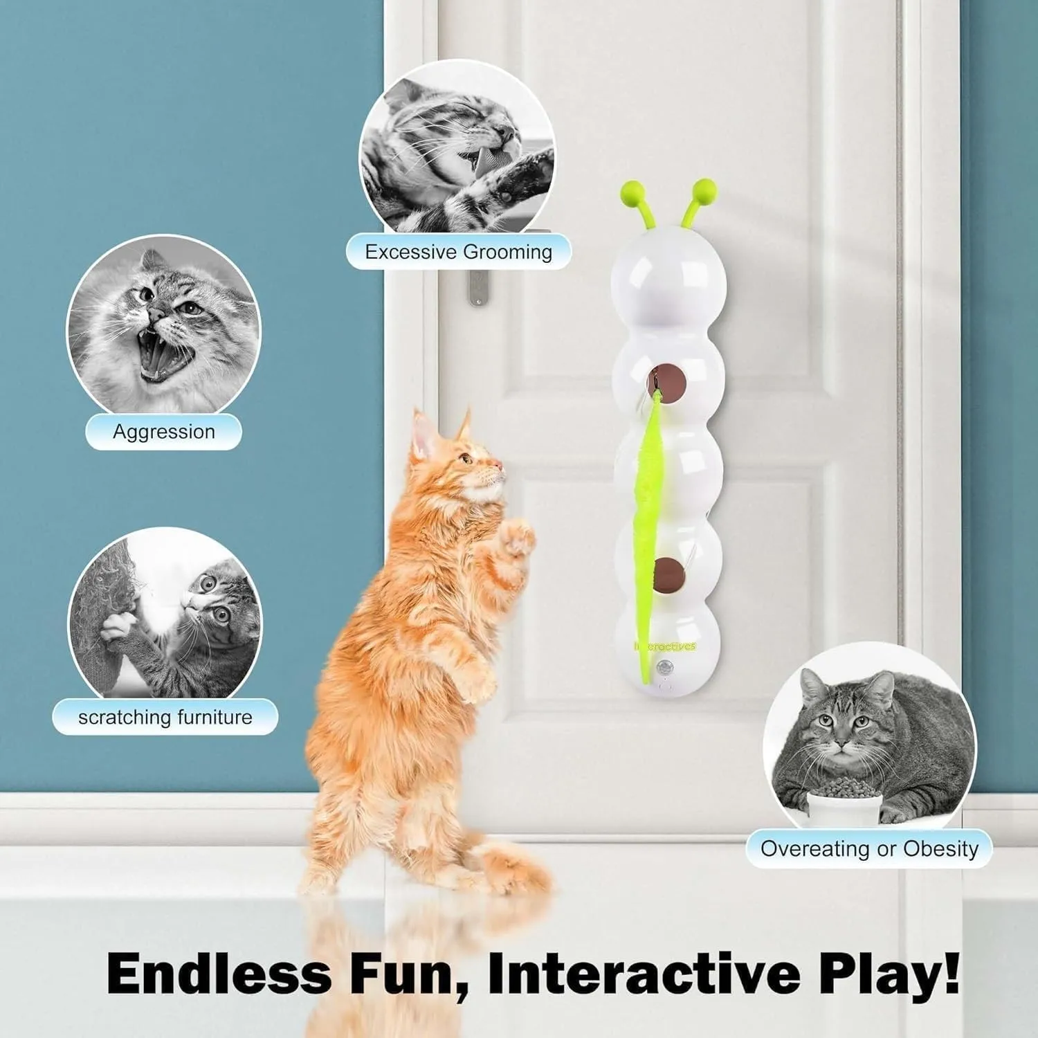 Whirlie Cat Toy, Whirlie Smart Motion Cat Toy with Worm Design, Happy Luna Cats Toys with Suction Cup, Suitable for Indoor Wall, Door and Window Installation (2PCS)