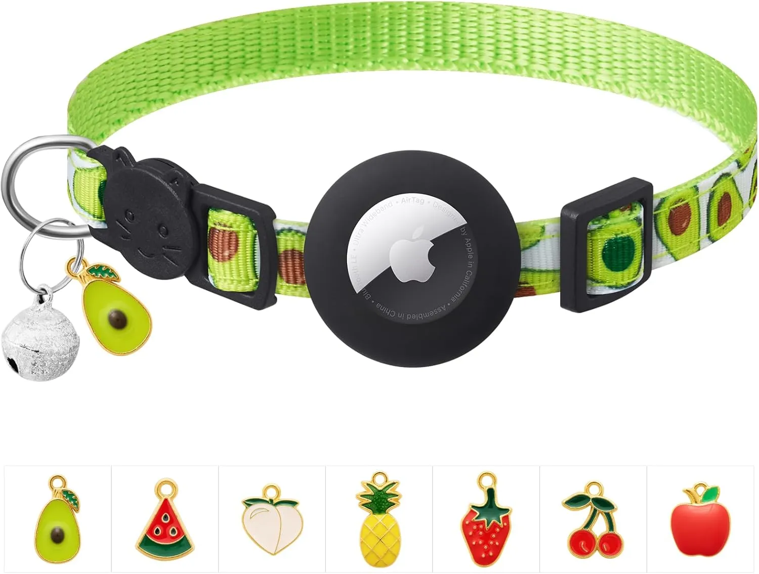      with Bells and Fruit Pendants,Safety Kitten Collar with Apple Air Tag Holder for Girl Boy Cats,Pet Accessories,Gifts(Avocado)